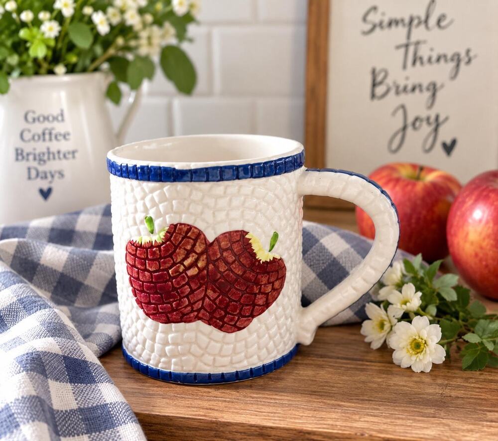 NEW World Bazaar Ceramic Apple Mug, Textured Red Apples, Cobalt Blue Trim